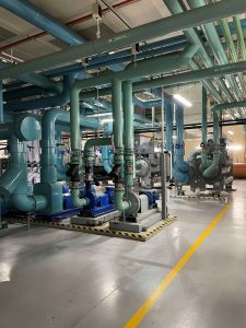 Large chiller plant room filled with blue and green insulated pipework, pumps, and mechanical equipment, showing the cooling infrastructure used in commercial or industrial buildings.