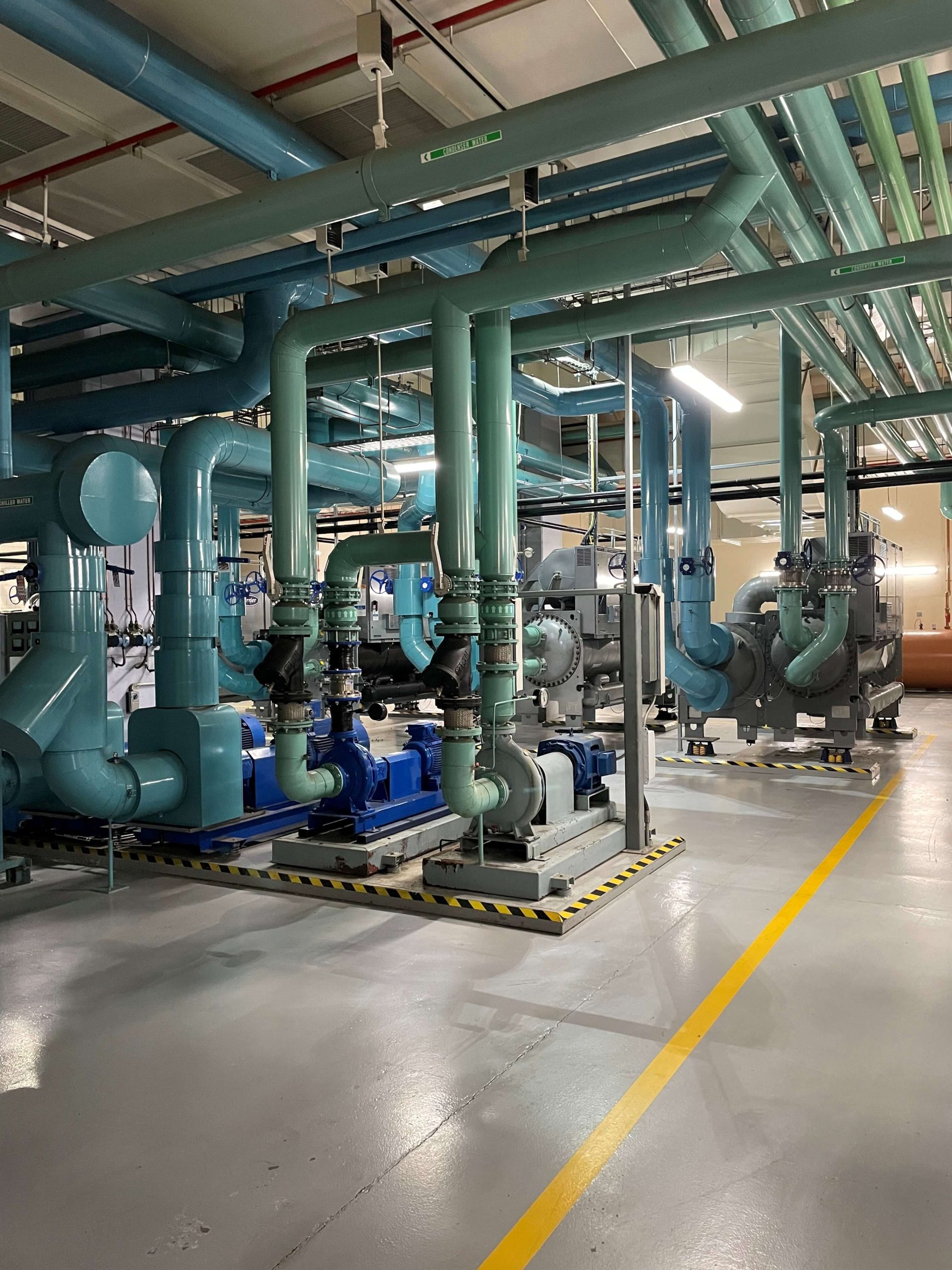 Large chiller plant room filled with blue and green insulated pipework, pumps, and mechanical equipment, showing the cooling infrastructure used in commercial or industrial buildings.