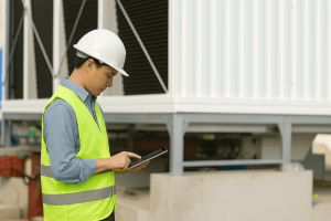 A service technician wearing a white hard hat and high-visibility vest stands in front of an industrial cooling tower, using a tablet to complete a service report. The cooling tower’s metal framework and vents are visible in the background.
