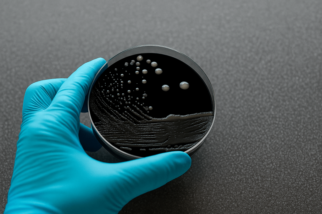 Petri dish showing Legionella bacteria growth Gloved hand holding a black agar petri dish with visible Legionella bacterial colonies growing on the surface in a laboratory setting.