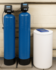 Industrial water treatment setup showing two blue vessels — a carbon filter and softener — installed in line, with a white brine tank positioned to the right against a brick wall.