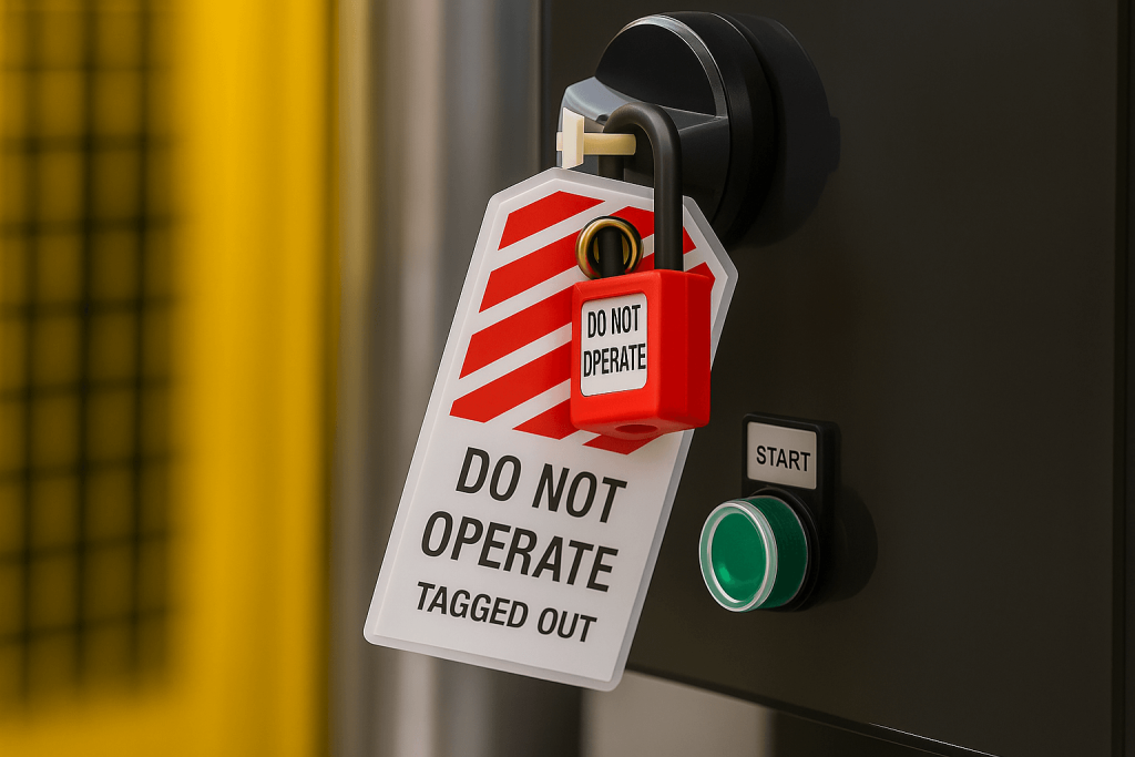 Lock out tag on boiler control panel Close-up of a boiler control panel showing a red lockout padlock and “Do Not Operate – Tagged Out” safety tag attached above the start button to prevent operation during maintenance.