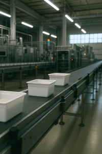 White plastic containers sitting stationary on an automated conveyor belt inside an industrial processing facility, indicating the line has stopped due to an equipment failure.