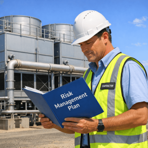 Water treatment technician wearing a hard hat and high-visibility vest reviewing a Risk Management Plan folder while standing in front of an industrial cooling tower system, completing an RMP Review.