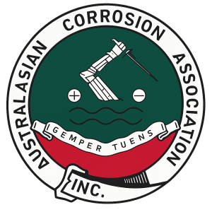 Logo of the Australasian Corrosion Association featuring a stylised corroded structure above wavy lines with the Latin motto “GEMPER TUENS” inside a circular green, red, and white emblem.