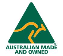 Australian Made and Owned logo featuring a gold kangaroo inside a green triangle with the text “AUSTRALIAN MADE AND OWNED” below.