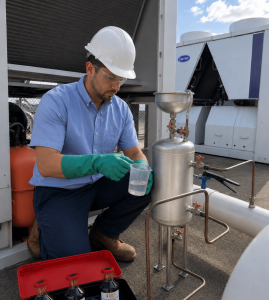 Water treatment technician collecting and testing a water sample from a closed-loop system using a dosing pot and onsite test kit to assess water chemistry and treatment conditions.