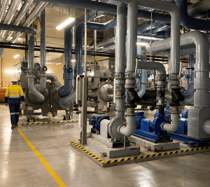 Industrial plant room housing a closed-loop heating and cooling system with circulation pumps, insulated pipework, valves and heat exchange equipment designed to maintain reliable temperature control and energy efficiency.
