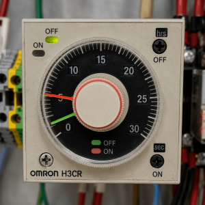 Omron H3CR timer controller used for automatic boiler blowdown, allowing operators to adjust the interval between blowdowns in hours and the blowdown duration in seconds to suit changing boiler water conditions.