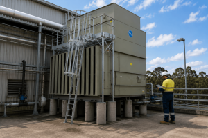 Technician performing a cooling tower inspection beside a BAC cooling tower, reviewing equipment condition, system operation and maintenance requirements as part of a routine inspection program.