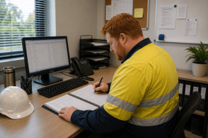 Onsite maintenance manager reviewing and completing an inspection report in an office environment, documenting inspection findings, maintenance activities and compliance requirements following site works.
