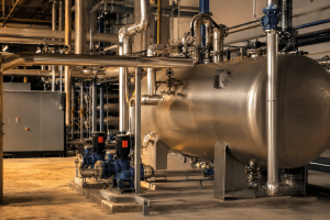 Industrial condensate recovery system featuring a condensate accumulator, transfer pumps, insulated pipework and condensate return lines designed to recover hot condensate and improve boiler energy efficiency.