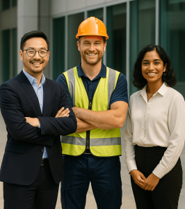 Three professionals — a facility manager in a suit, a mechanical contractor wearing a high-visibility vest and hard hat, and an engineer in business attire — standing together outside a modern building, representing collaboration in cost reduction initiatives.