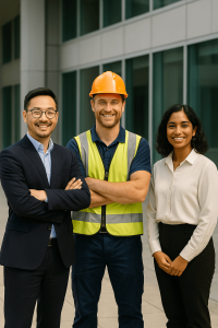 A portrait-oriented image showing three professionals — a facility manager in a suit, a mechanical contractor wearing a high-visibility vest and orange hard hat, and an engineer in a white blouse — standing together outside a modern building, representing collaboration in reducing operational costs.
