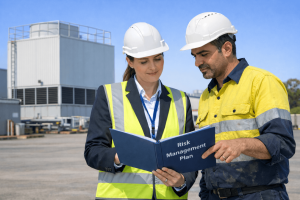 Department of Health and Safety (DHS) officer wearing a hard hat and high-visibility vest reviewing a Risk Management Plan (RMP) folder with a site representative during a compliance site visit at an industrial cooling tower facility.