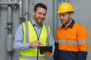 A Tandex service technician in an orange and navy uniform and safety helmet reviews information on a tablet with a maintenance manager wearing a high-visibility vest inside a plant room with industrial piping in the background.
