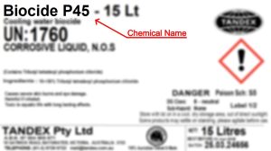 Example of a Tandex chemical drum label with a red arrow pointing to the chemical name, used to show customers where to find this information when placing chemical orders.