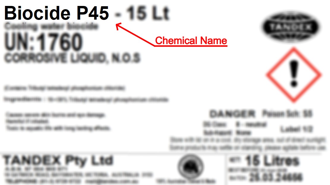 Example of a Tandex chemical drum label with a red arrow pointing to the chemical name, used to show customers where to find this information when placing chemical orders.