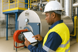 A boiler technician wearing a white hard hat and high-visibility safety vest reviews a performance chart on a tablet in front of a large industrial boiler inside a plant room.
