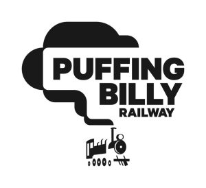 Black and white logo for Puffing Billy Railway featuring stylised steam clouds forming the words “Puffing Billy Railway” above a small steam locomotive illustration.