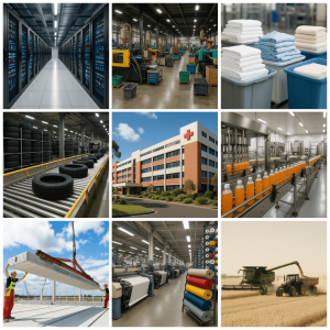 Nine-image collage showing the range of industries Tandex services, including data centres, plastic manufacturing, commercial laundry, tyre production, hospitals, beverage manufacturing, construction and concrete pre-fab, textile manufacturing, and agriculture.